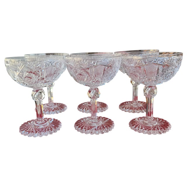 Set of 6 Antique American Brilliant Cut Glass Crystal Champagne Coup Wine Stems.