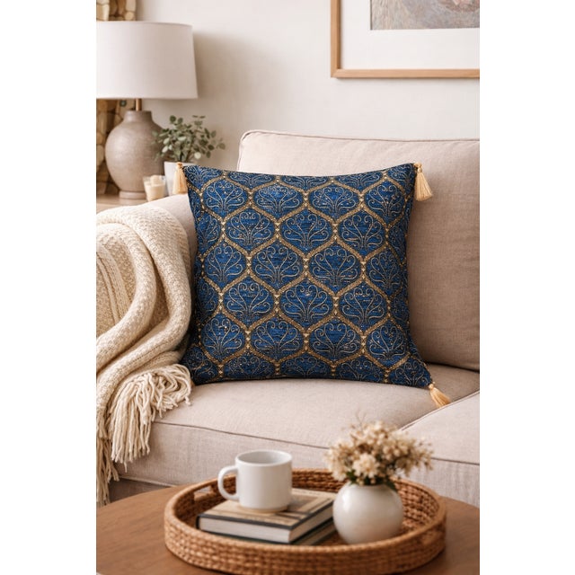 The colors of this Turkish pillow cover are sumptious: deep blue with gold accents in an arabesque design. Does not...