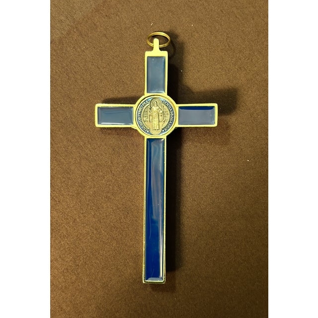 1990s 1990s Blessed Vatican Gift: Blue Saint Benedict 7.5” Crucifix For Sale - Image 5 of 7