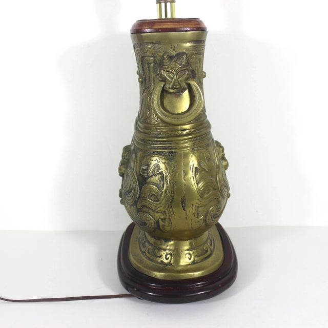 Wood Vintage Brass Chinese Hu Vessel Urn Table Lamp Creatures Oni Serpent Foo Dogs For Sale - Image 7 of 12