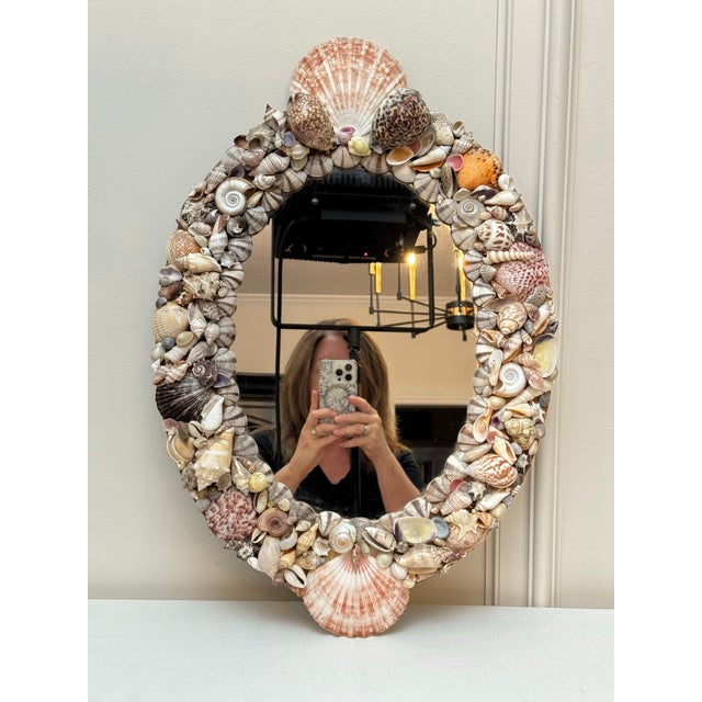 Traditional Mid Century Palm Beach Regency Oval Shell Encrusted Wall Mirror in the Style of Tony Duquette For Sale - Image 3 of 12