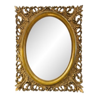 Vintage Carved Wood Gold Leaf Oval Mirror For Sale