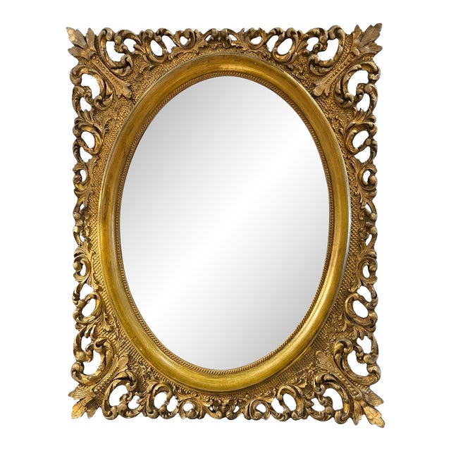 Vintage Carved Wood Gold Leaf Oval Mirror For Sale