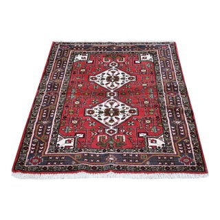 Vintage Persian Hamadan Red Wool Hand Knotted Geometric Design Oriental Rug For Sale