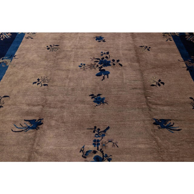 Art Deco Chinese Floral Designed Wool Rug Antique Handmade in Light Brown For Sale - Image 10 of 10