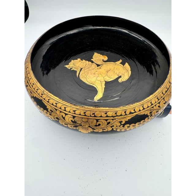Vintage Burmese Black Lacquer Bowl With Gilt Chinthe Motif For Sale - Image 9 of 9