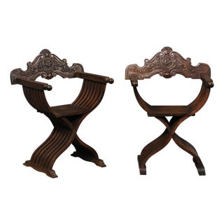 Mid 20th Century Spanish Carved-Walnut Savonarola Chairs For Sale