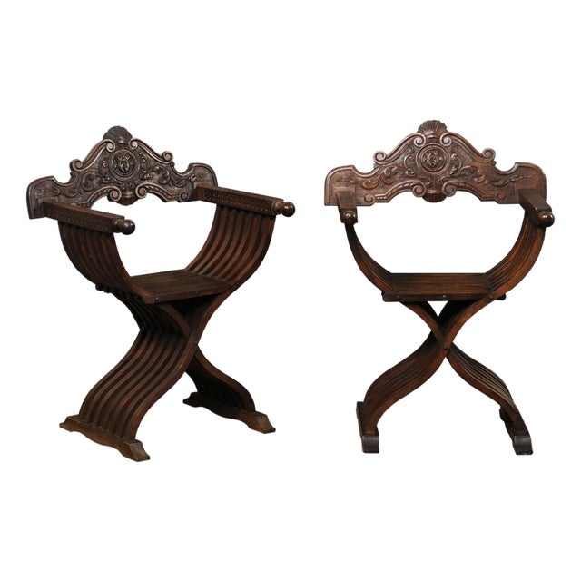 Mid 20th Century Spanish Carved-Walnut Savonarola Chairs For Sale