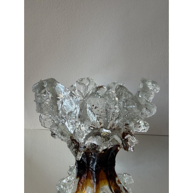 Amber and Clear Ice Glass Vase with Torn Crown Rim by Pertti Santalahti for Humppila, Finland, 1970s For Sale - Image 7 of 15