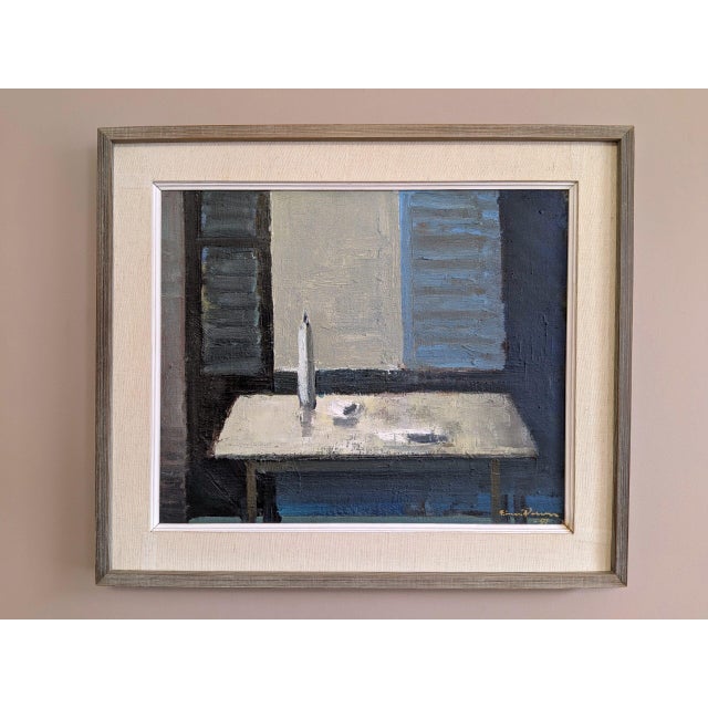 A MOMENT OF QUIET Size: 19.5 x 22.6 inches (including frame) Oil on canvas A beautifully restrained mid-century interior...