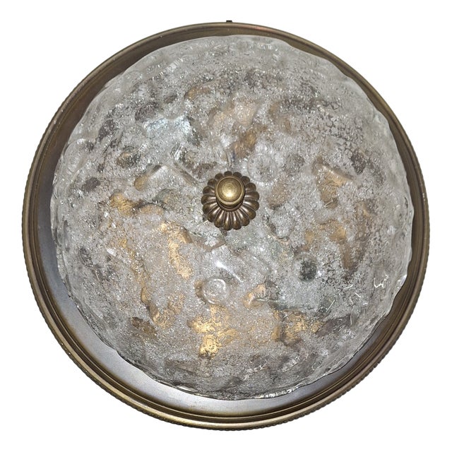 Vintage Ceiling Lamp with Brass Frame and Ice Glass Lampshade, 1970s For Sale