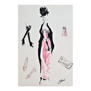 1960 Large Mid-Century Italian Fashion Drawing in Watercolor