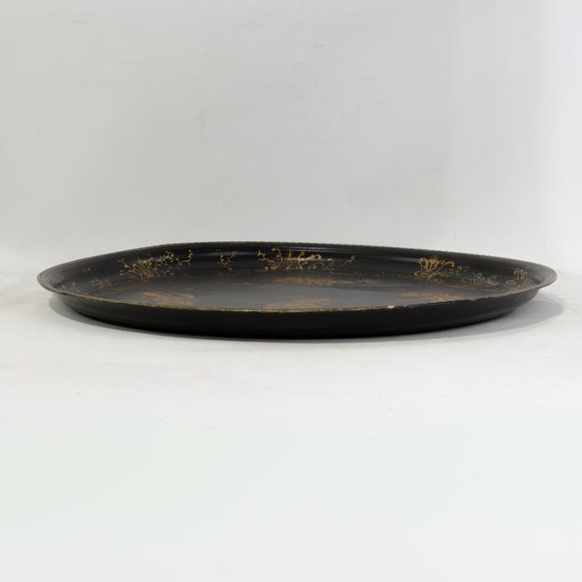 Neoclassical Vintage Hand Painted Tole Tray Black Lacquer With Gold Gilt Floral Bouquets and Ornate Scrollwork For Sale - Image 3 of 12