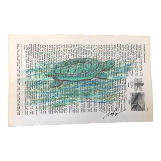 "Turtle" Contemporary Original Mixed-Media Painting on Dictionary Page For Sale