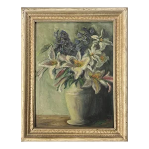 Vintage 1940s Expressionist Still Life With Lilies, Signed (Oil on Board, Framed)