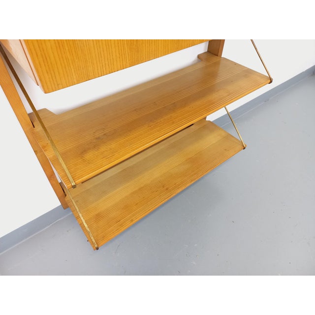 Wall-Mounted Bookcase with Light Wood and Brass, 1960s For Sale - Image 16 of 18