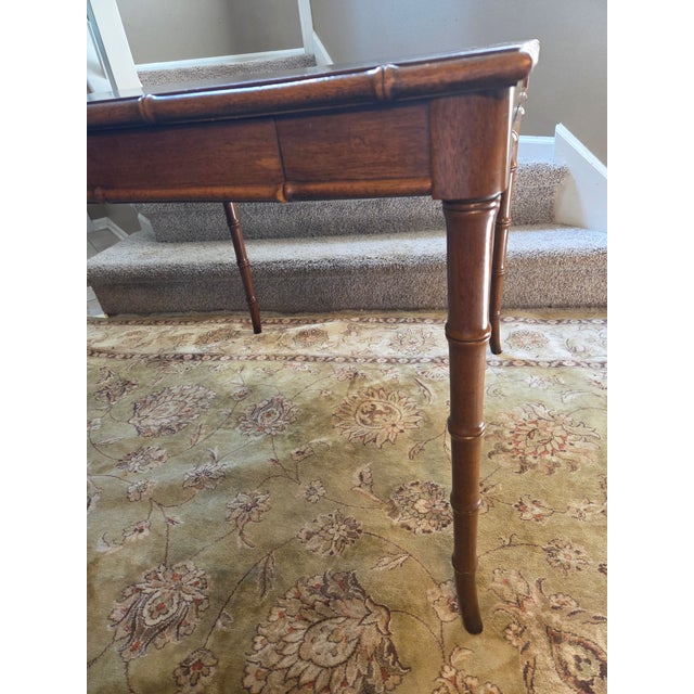 Brown Vintage Drexel Faux Bamboo Chippendale Style Leather Top Game Table For Sale - Image 8 of 14
