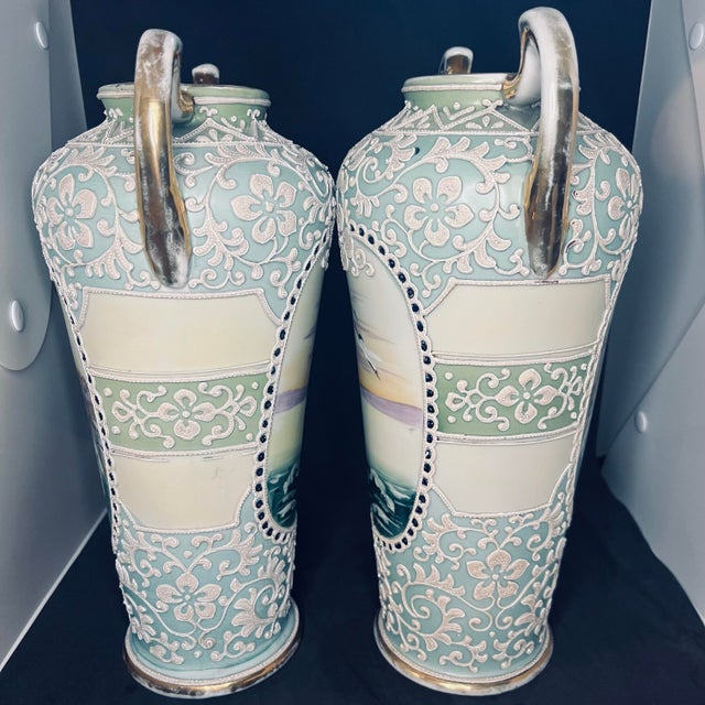 Early 20th Century Antique Nippon Hand Painted Moriage Scenic Crane Vase Pair – 13” – Japan For Sale - Image 5 of 12