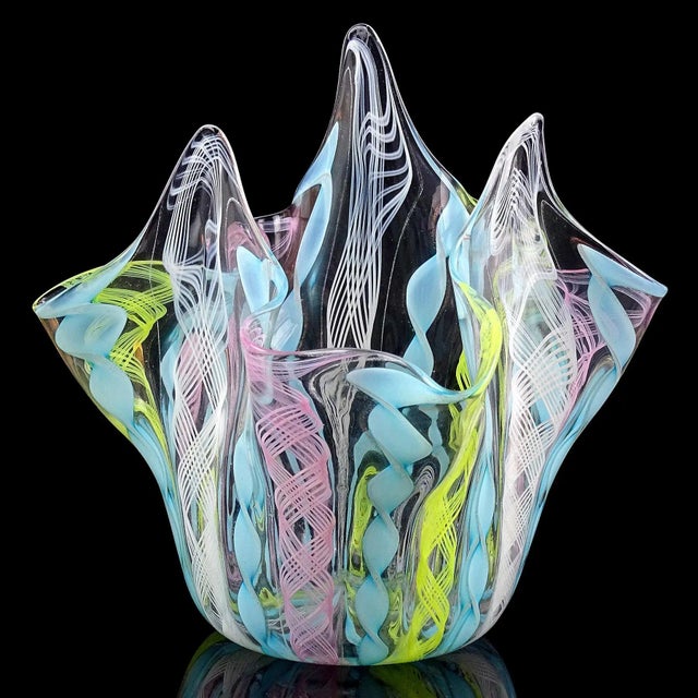 Abstract Vintage Murano Pink Yellow Blue Pastel Colors Italian Art Glass Fazzoletto Handkerchief Decorative Vase For Sale - Image 3 of 8