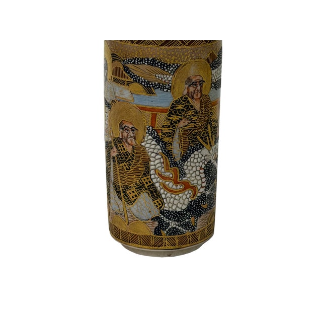 4.75"Asian Satsuma Style Cylindrical Figures Painted Porcelain Art Vase For Sale - Image 9 of 11