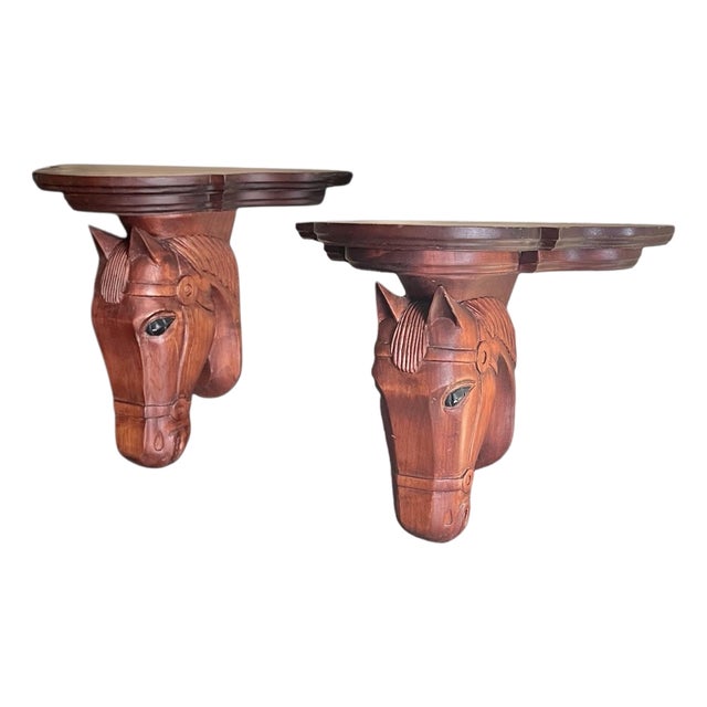 Mid 20th Century Pair Carved Wood Horse Corbel Shelves For Sale