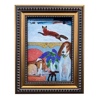 Contemporary Fox & Hound Small Dog Print by Judy Henn Vintage Tabletop Frame For Sale