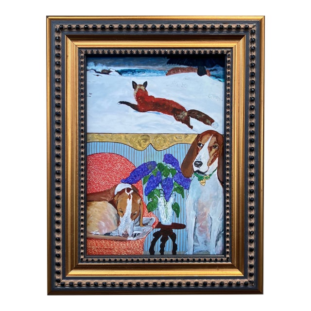 Contemporary Fox & Hound Small Dog Print by Judy Henn Vintage Tabletop Frame For Sale
