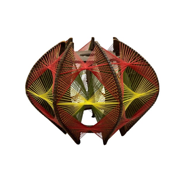 Vintage String Art Pendant, Wood, Cotton in Orange/Red, Green, Yellow, 1970s For Sale - Image 9 of 9