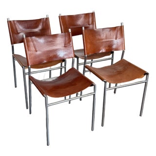 1960s Martin Visser Patinated Leather Dining Chairs For Sale
