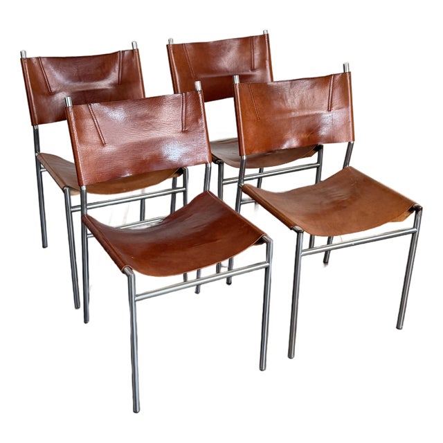 1960s Martin Visser Patinated Leather Dining Chairs For Sale