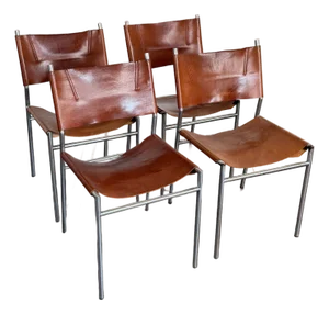1960s Martin Visser Patinated Leather Dining Chairs
