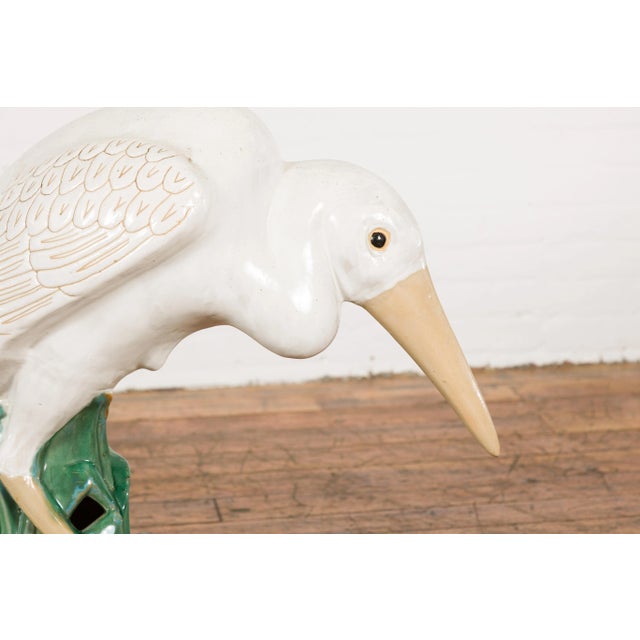 Vintage White and Cream Glazed Ceramic Heron Bird Sculpture For Sale - Image 4 of 13