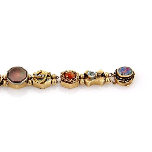 Mid 20th Century Multicolor Gems 14k Yellow Gold Slide Charm Bracelet For Sale - Image 4 of 6