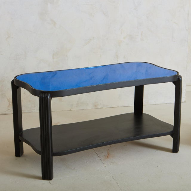 Black Painted Wood Coffee Table With Blue Glass Top Chairish
