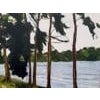 Tall Riverside Pine Trees in the English Countryside with dappled light and shimmering water backdrop, by Contemporary...