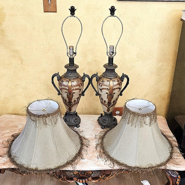 Pair of Vintage Neoclassical Urn Table Lamps With Decorative Fringe Shades For Sale - Image 4 of 18