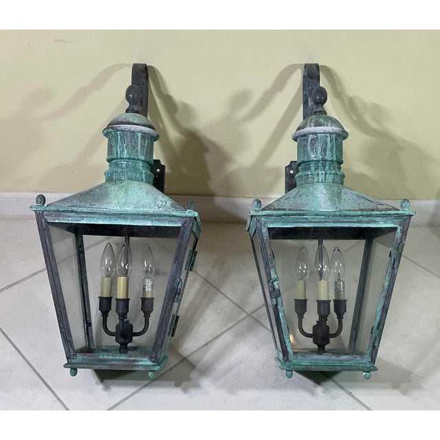 Large Pair of Handcrafted Wall-Mounted Solid Copper Lantern For Sale - Image 11 of 12