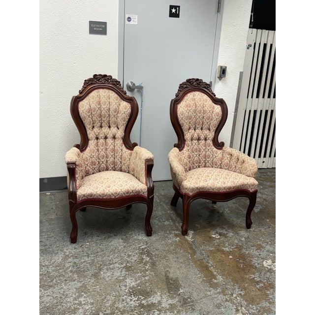 Design Plus Gallery presents a pair of 1970s Victorian Rococo Revival Parlor Chairs by American Furniture Galleries. This...