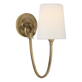 Thomas O'Brien for Visual Comfort Signature Reed Single Sconce in Hand-Rubbed Antique Brass with Linen Shade For Sale