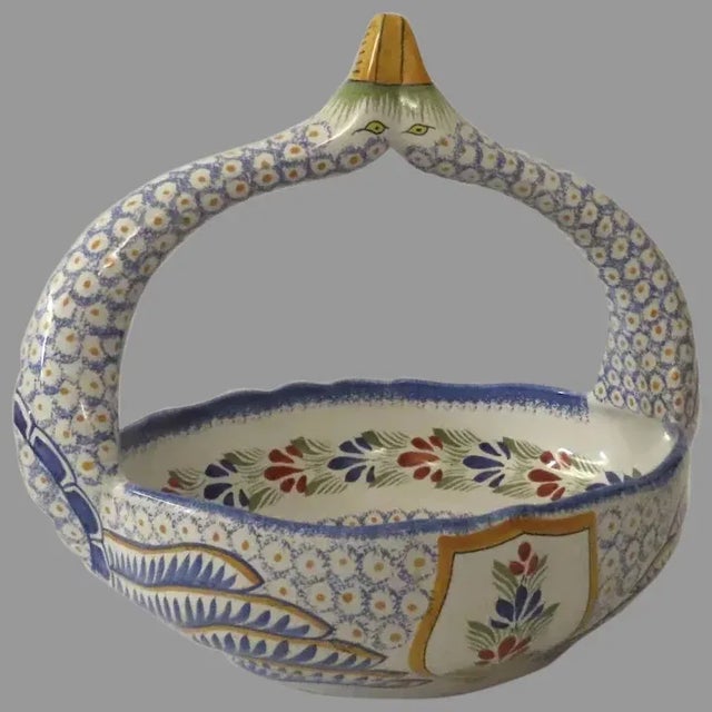 Vintage Large Quimper Swan Handle Basket For Sale - Image 11 of 11