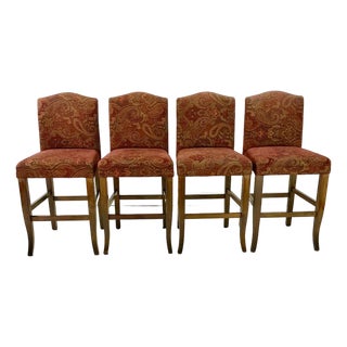 1980s Vintage Regency Empire Italian Boho Chic Upholstered Bar Stools - Set of 4. For Sale