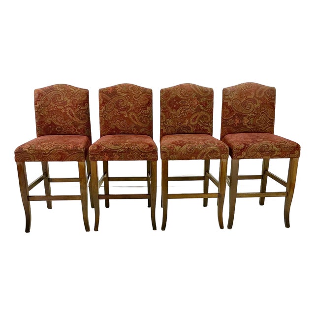 1980s Vintage Regency Empire Italian Boho Chic Upholstered Bar Stools - Set of 4. For Sale