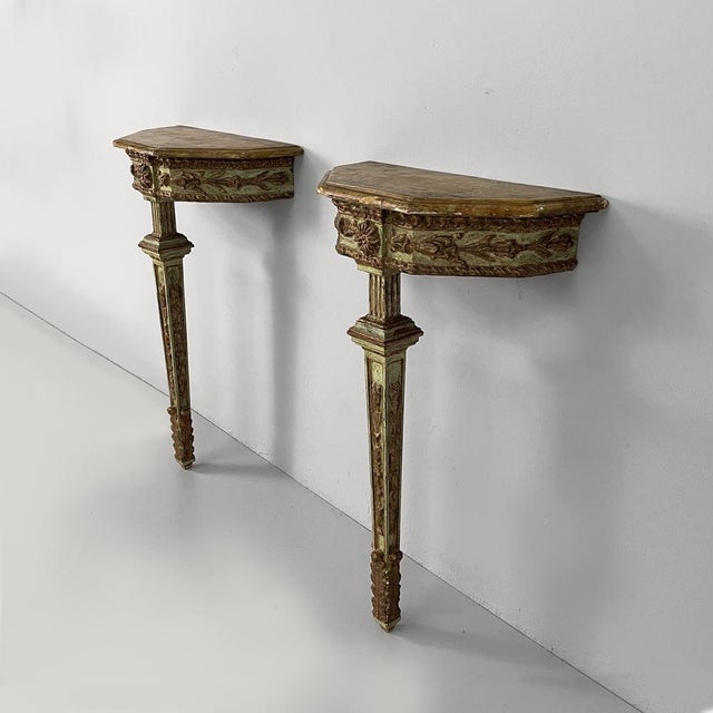 Antique Italian Consoles in Green and Yellow Wood, 1700s, Set of 2 For Sale - Image 3 of 18