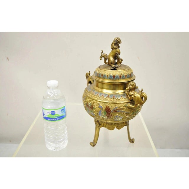 Vintage Japanese Cloisonne Enamel Champleve Bronze Foo Dog Incense Burner For Sale - Image 11 of 12