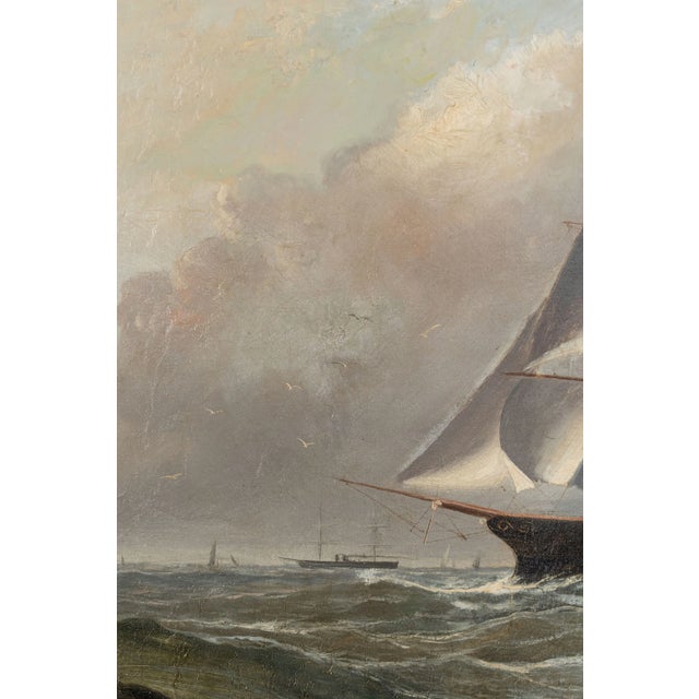 Blue Large 19th Century Signed Original Oil of Early Steamship in Original Carved Frame For Sale - Image 8 of 18