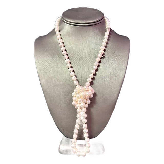 1990s Mikimoto Estate Akoya Pearl Diamond Necklace 36" 18k Gold For Sale