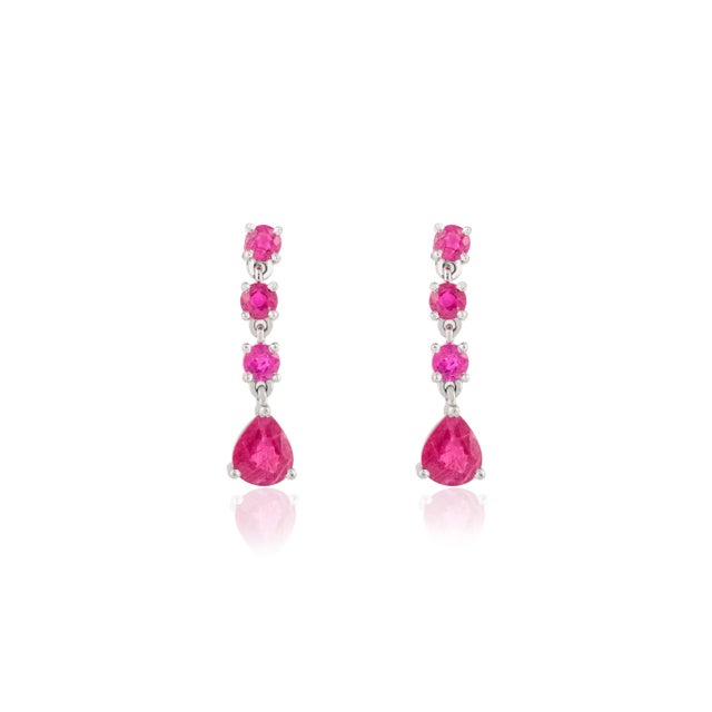 Art Deco Natural 2.11 Carat Ruby Dangle Drop Wedding Earrings in 14k White Gold- A Pair For Sale - Image 3 of 9