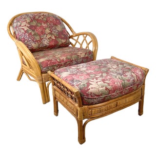 Ficks Reed Style Rattan Lounge Chair and Ottoman With Floral Cushions For Sale