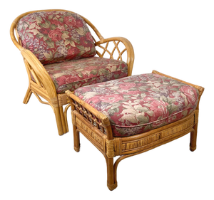 Ficks Reed Style Rattan Lounge Chair and Ottoman With Floral Cushions
