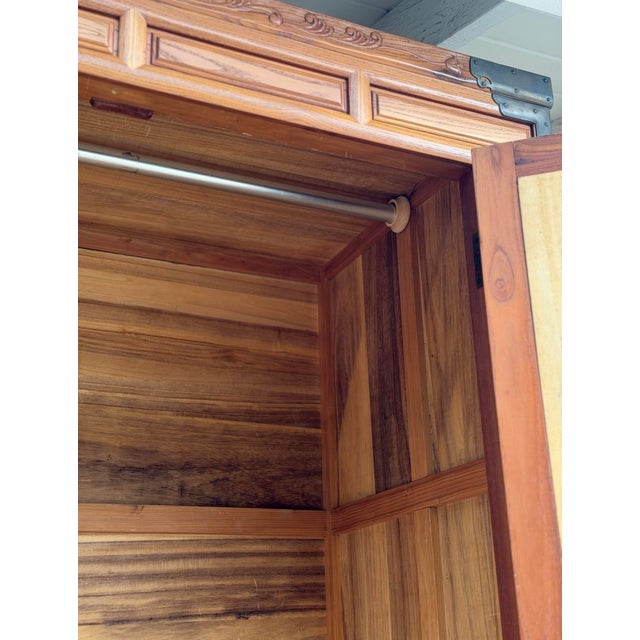 Vintage Chinese Elm Elmwood Wedding Cabinet Armoire Prosperity Cabinet Chinoiserie Wardrobe With Interior Hanging Rail For Sale - Image 9 of 12